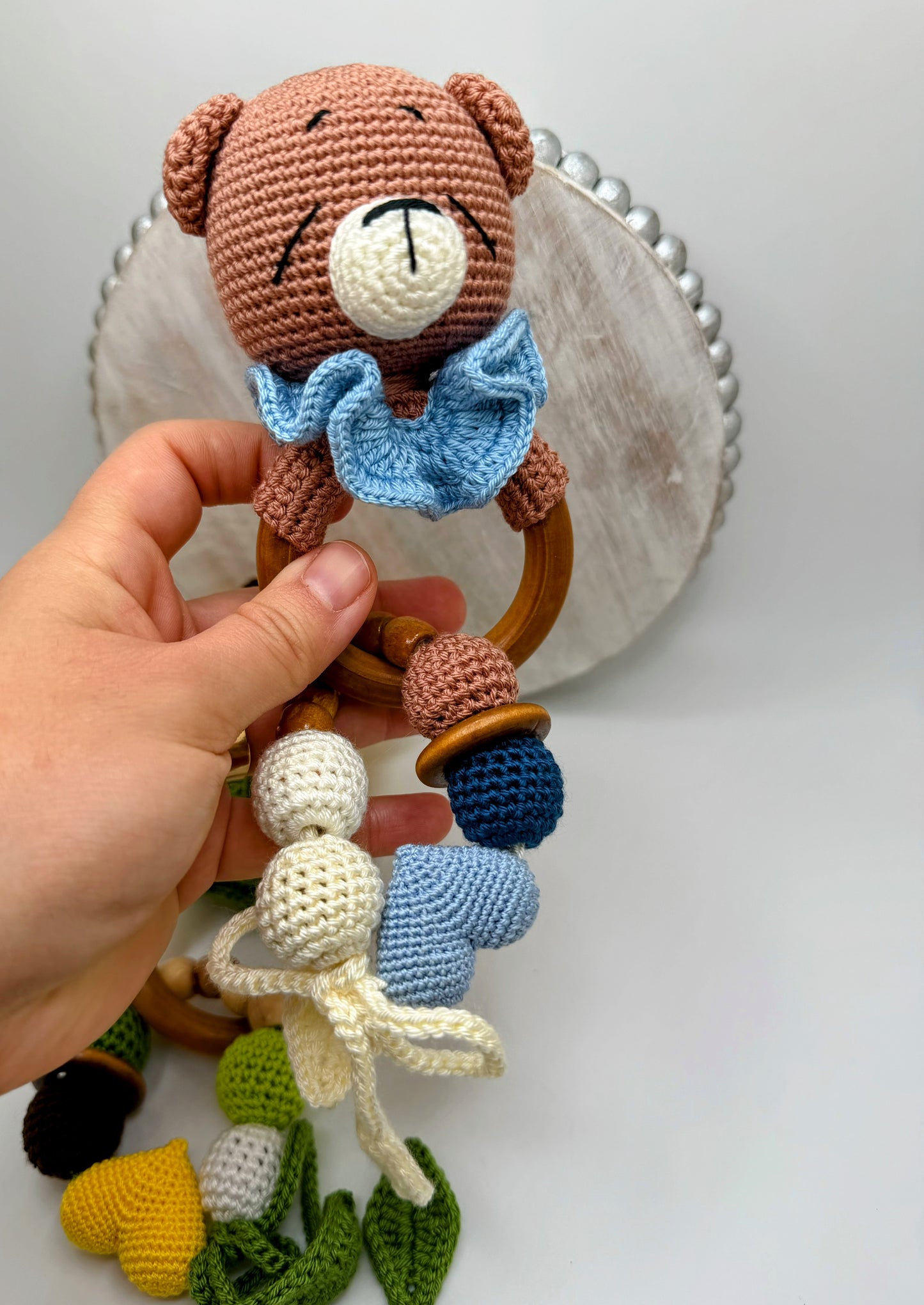 Crochet Amigurumi Rattle Toys with Wood handles– Soft Montessori Rattle Toy for babies
