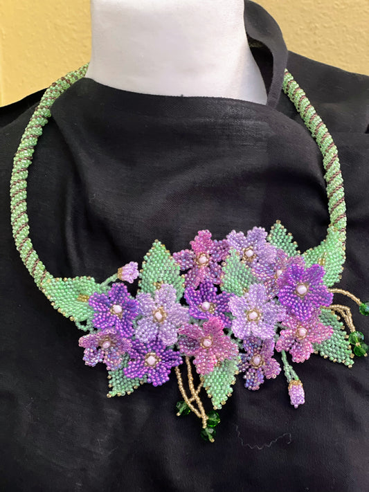 Handmade purple Beaded Necklace Featuring a Garden of 3D Flowers