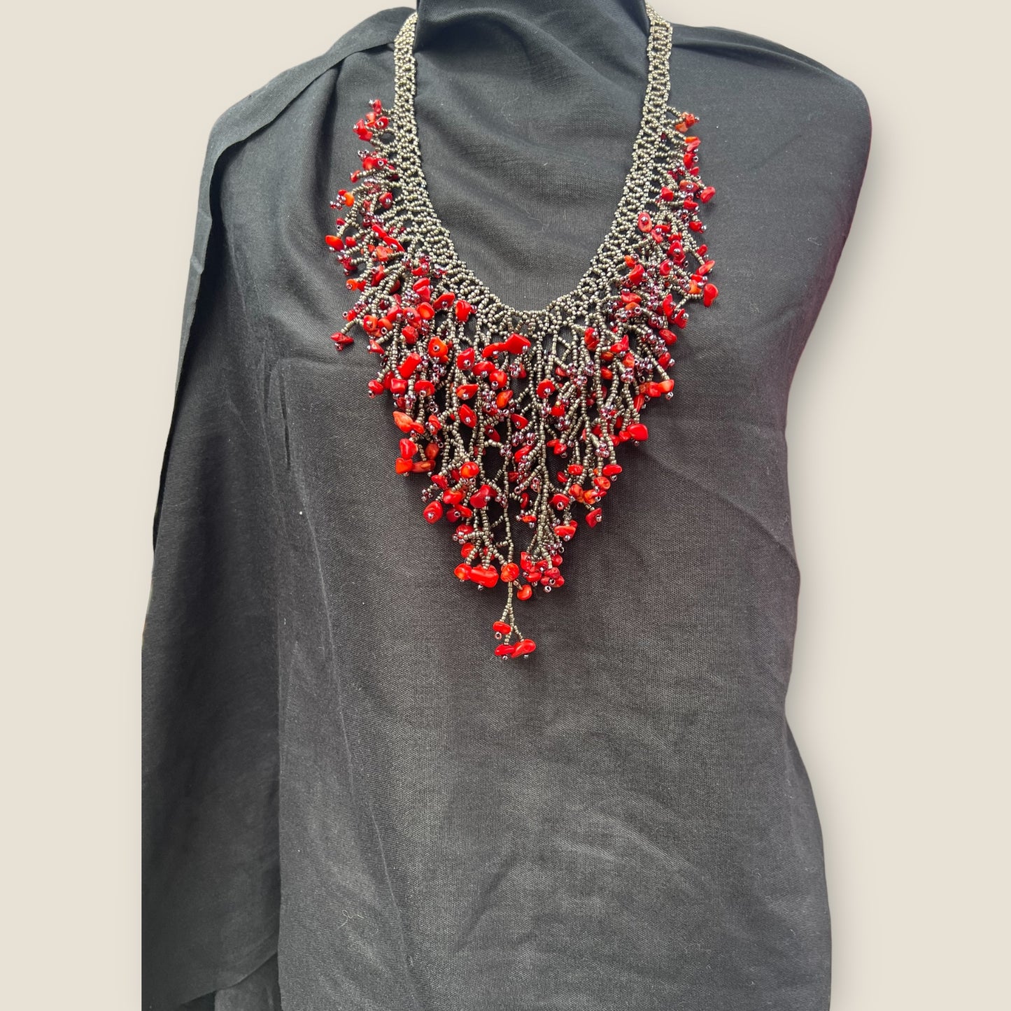 Handmade Red Seaweed Design Dangling Beaded Necklace – Boho Statement Jewelry
