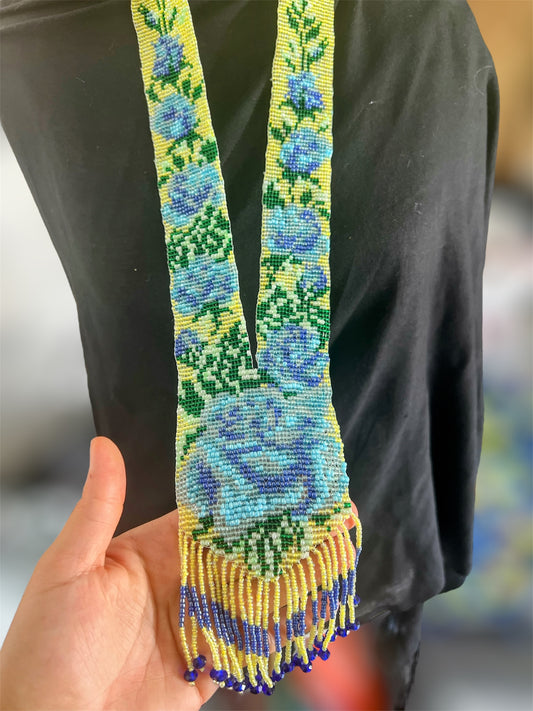 Blue Camellia Flower Necklace β Yellow Loom Beaded Statement Jewelry