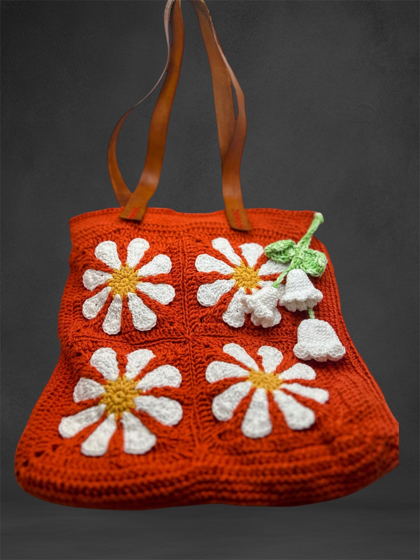 Handmade Crochet Daisy Flower Big Shoulder Orange Bag – Spacious & Stylish