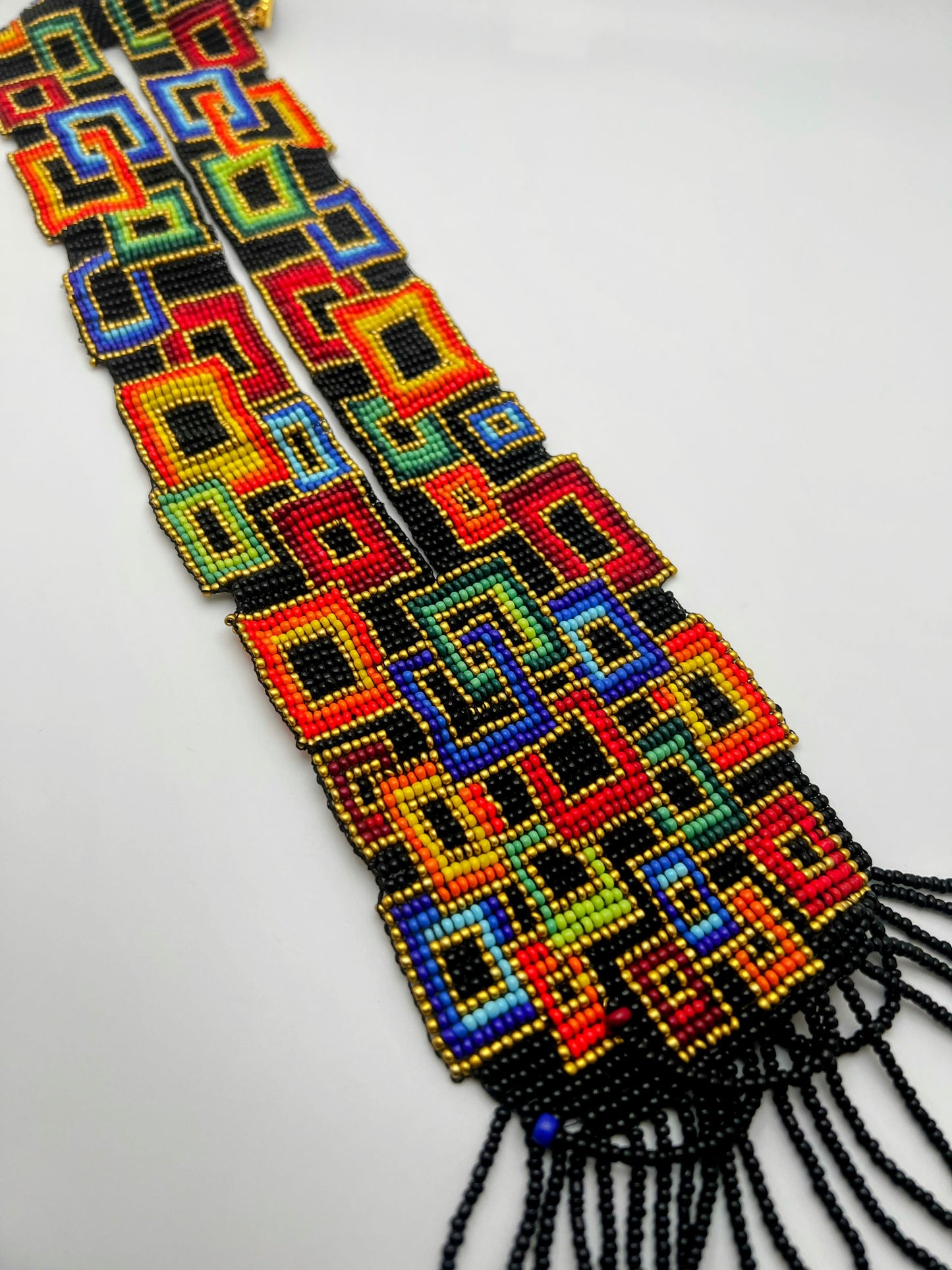 Beaded Orange, Blue & Red Geometric Necklace