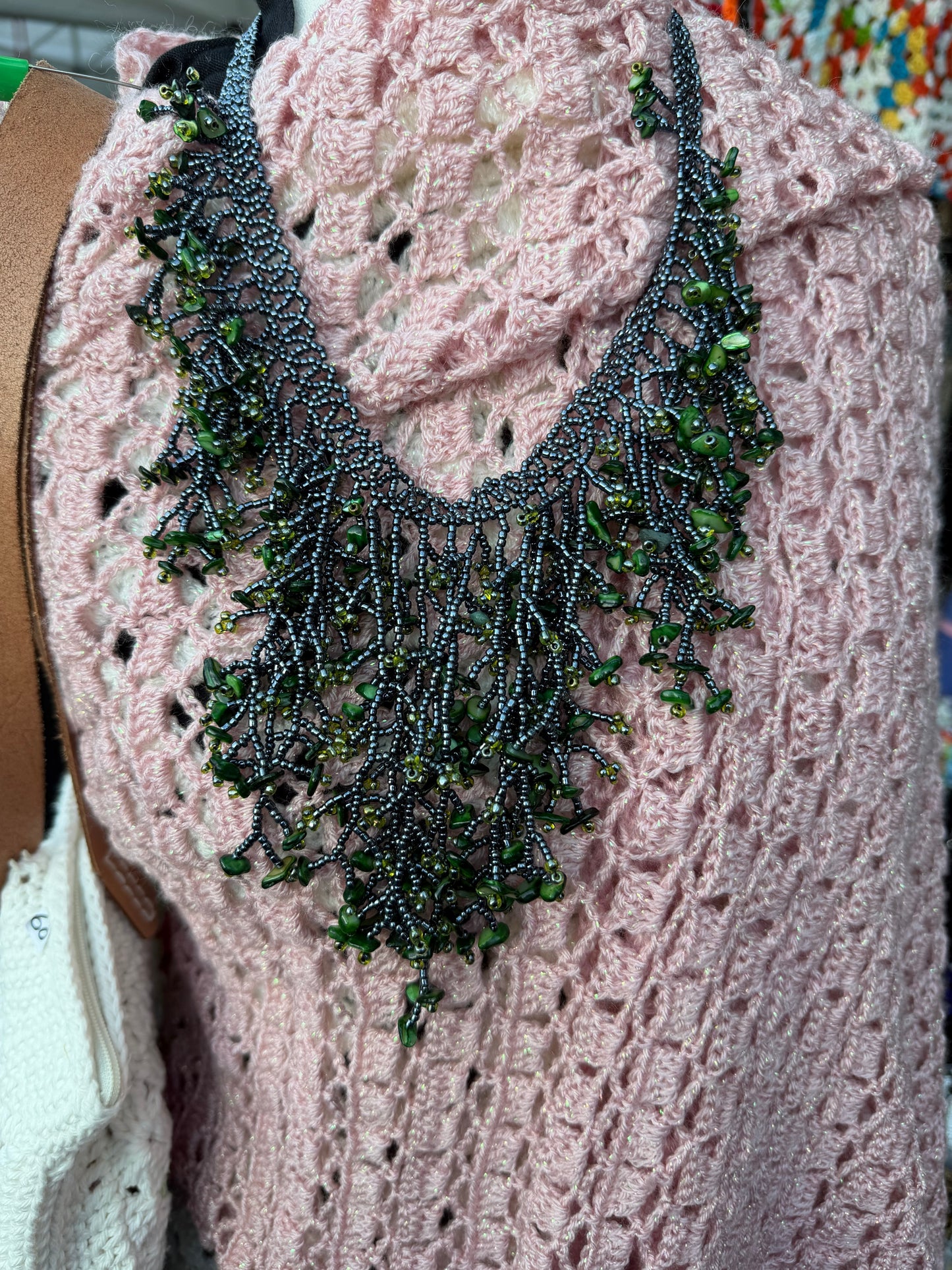 Handmade Gray Green Seaweed Design Dangling Beaded Necklace – Boho Statement Jewelry