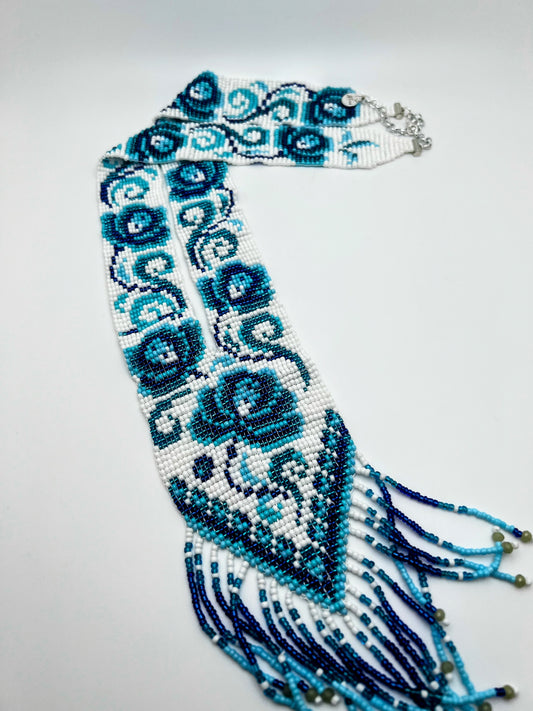 Blue Floral Loom‑Beaded Statement Necklace