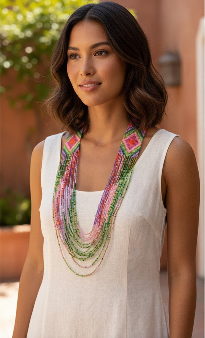 Handmade Colorful Purple, pink & Green Geometric Loom Beaded Necklaces – Bold Artisan Jewelry