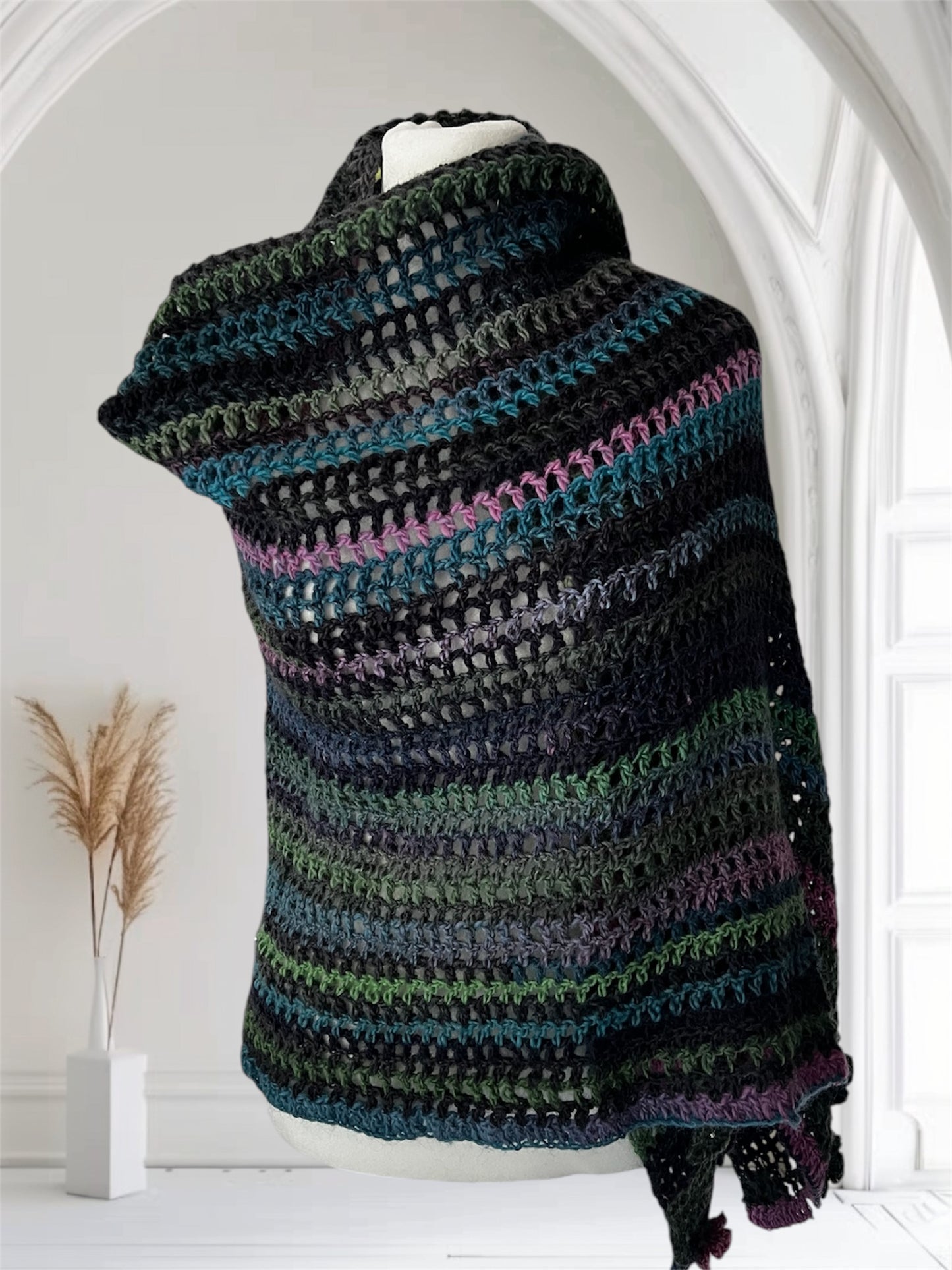Twilight Haze Wool Crochet Shawl – Handmade Rectangle Wrap in Muted Tones