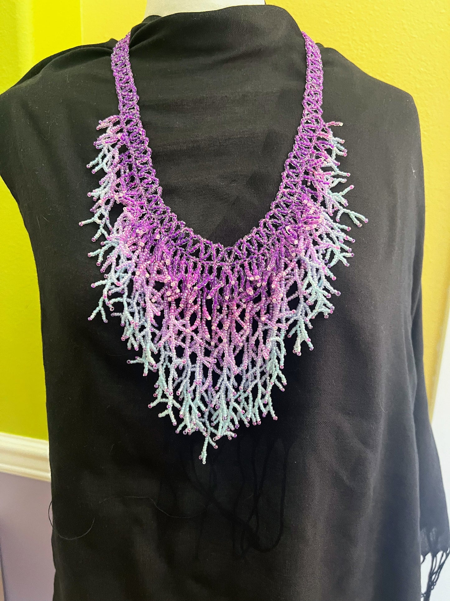 Silver & Purple Handmade Seaweed Design Dangling beaded necklace-Boho necklace-Beach jewelry-Statement necklace-Ocean-inspired necklace