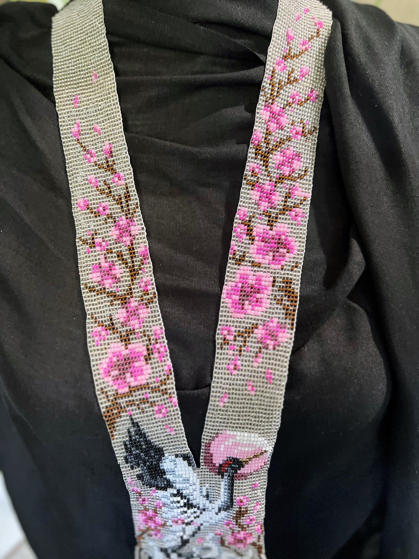 Gray Heron & Cherry Blossom Loom-Beaded Necklace