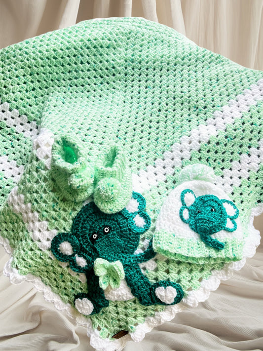 Soft Green Baby Blanket with Adorable Elephant Design