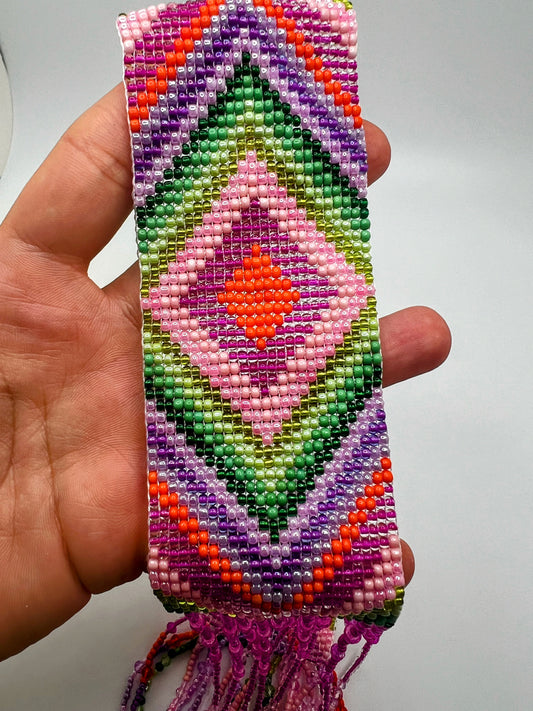 Handmade Colorful Purple, pink & Orange Geometric Loom Beaded Necklaces β Bold Artisan Jewelry