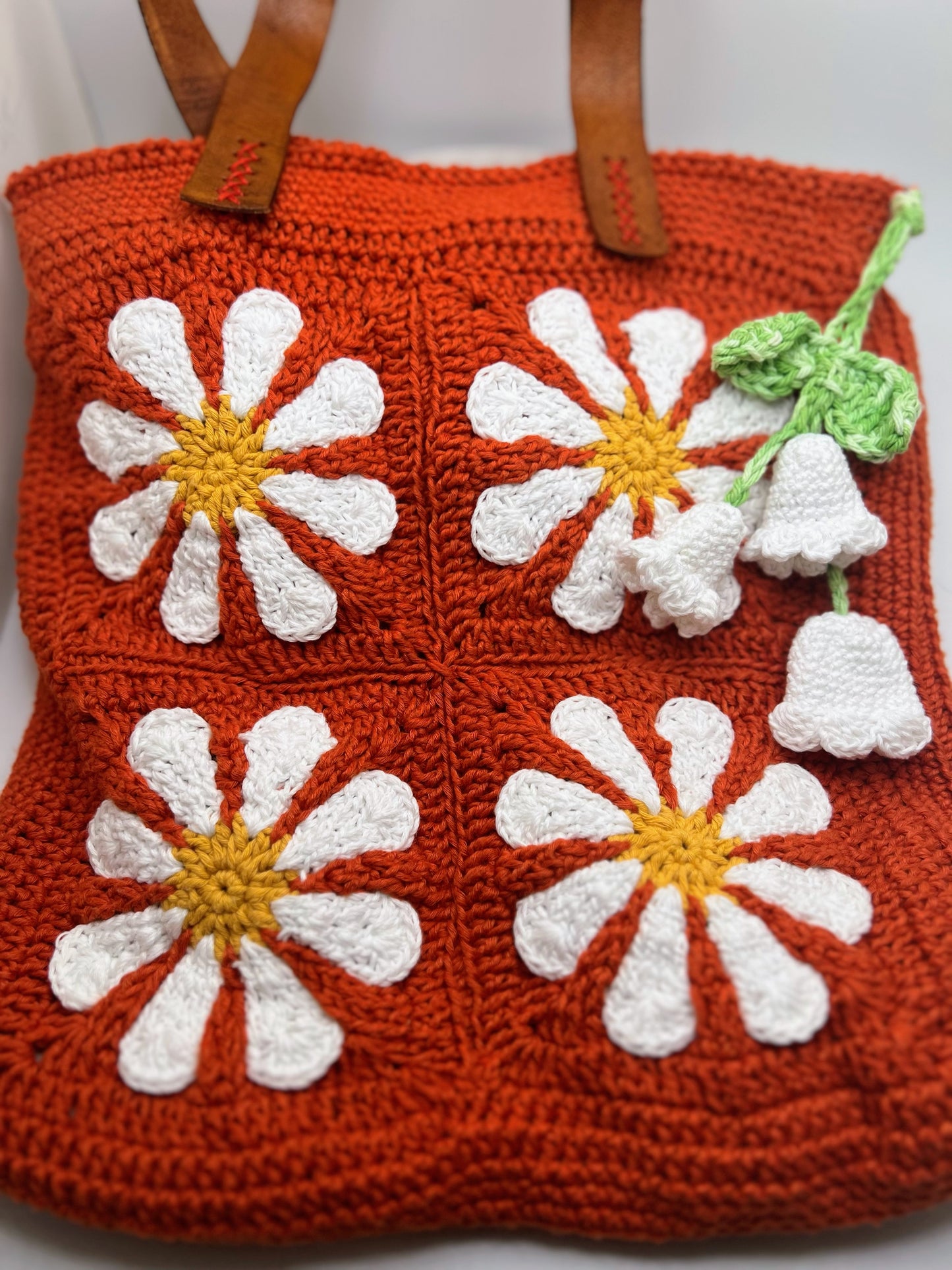Handmade Crochet Daisy Flower Big Shoulder Orange Bag – Spacious & Stylish