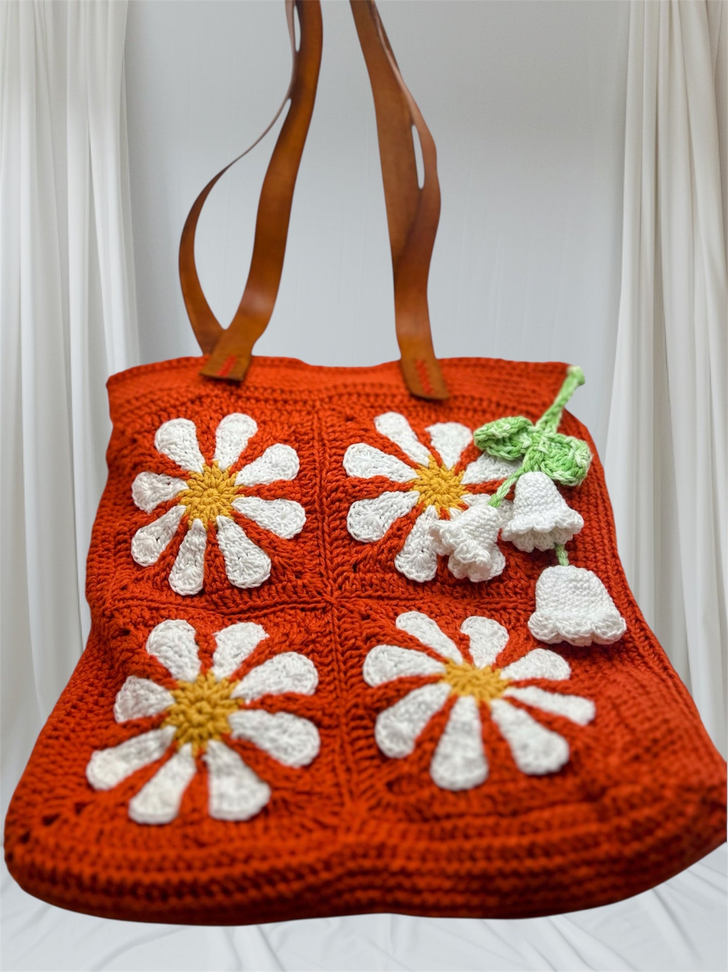 Handmade Crochet Daisy Flower Big Shoulder Orange Bag – Spacious & Stylish