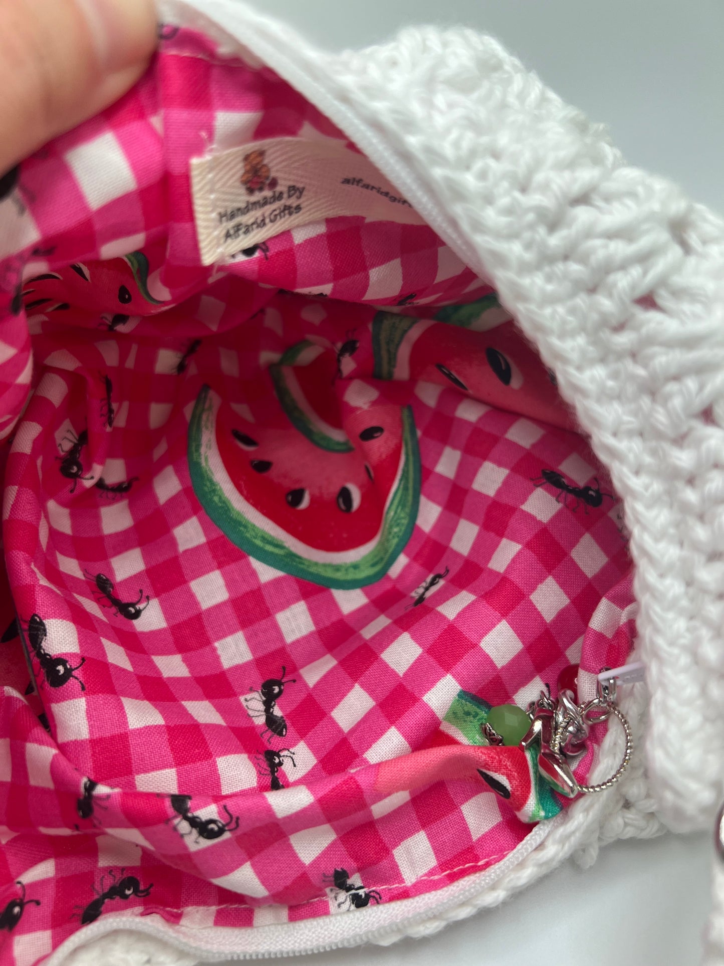 Handmade Crochet White Square Bag with Watermelon Slice & Kofia Style – Perfect for Girls & Teens
