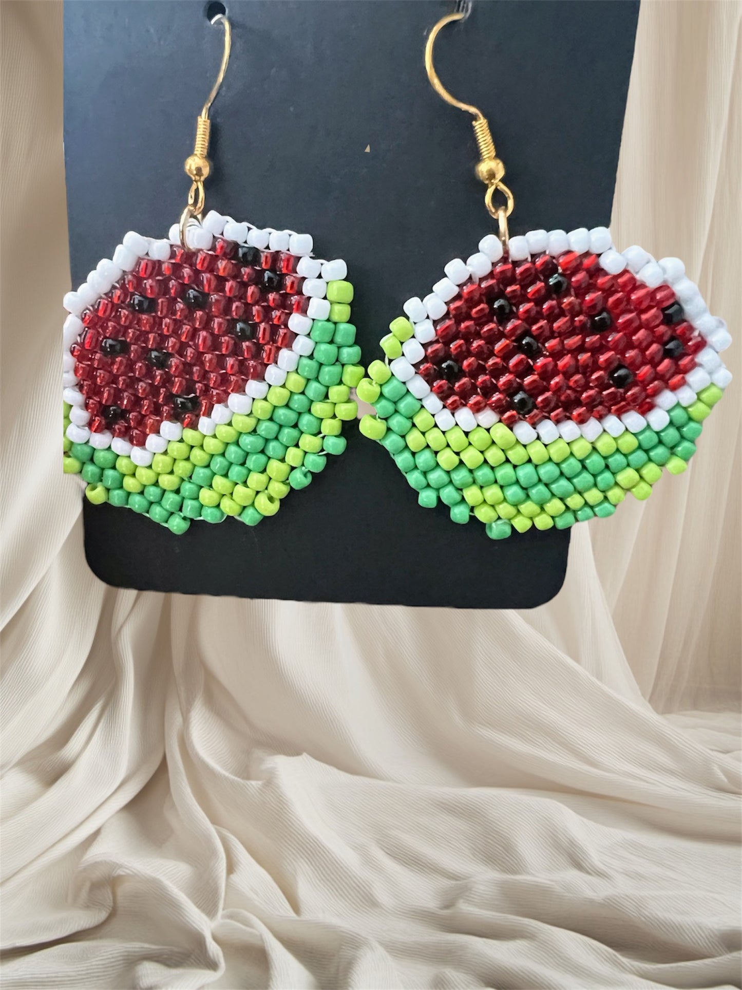 Beaded Watermelon Slice Earrings – Handmade Summer Fruit Statement Jewelry
