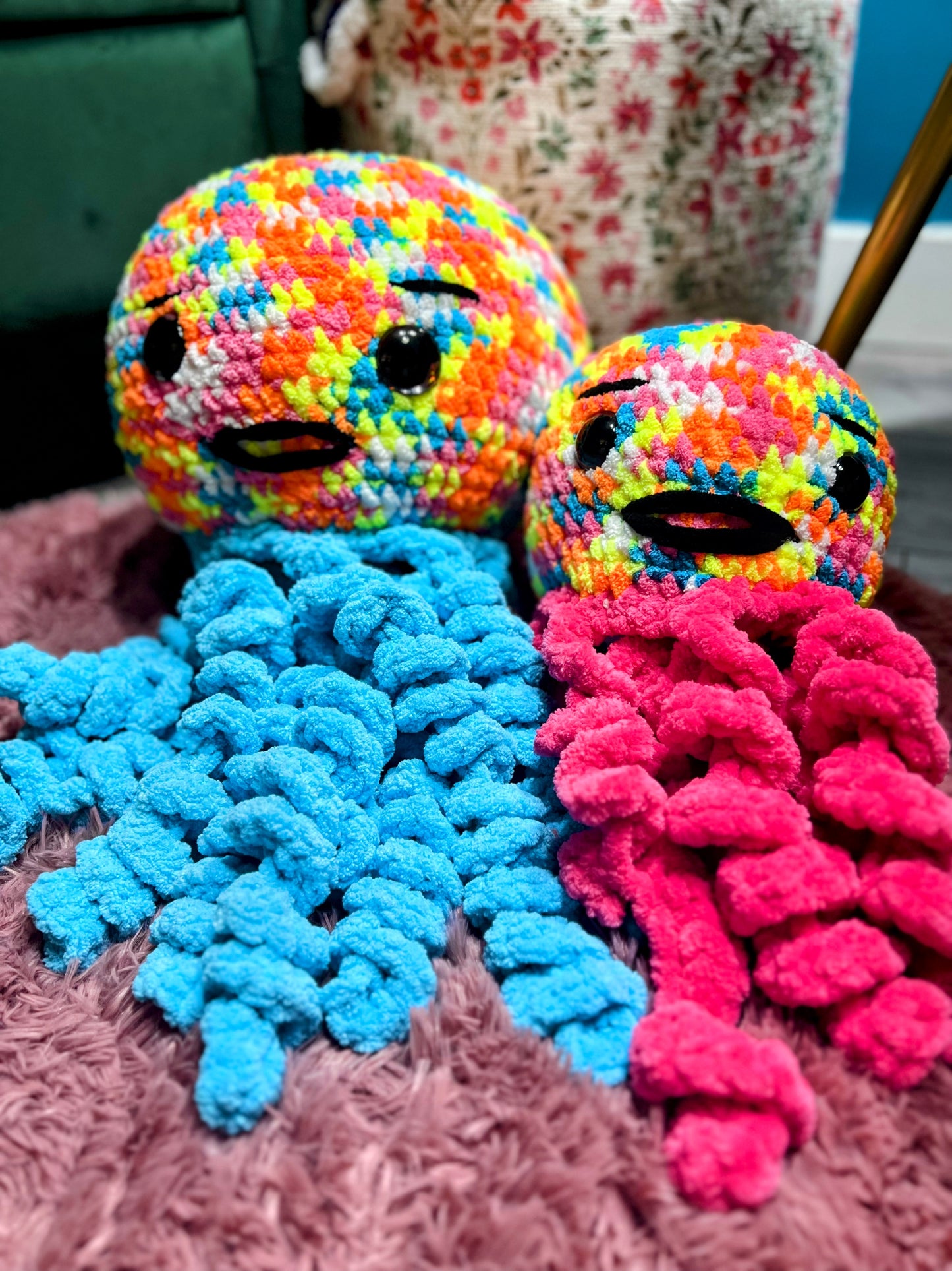 Stuffed Multicolored Pink Jellyfish - Crochet Knitted Amigurumi Toy