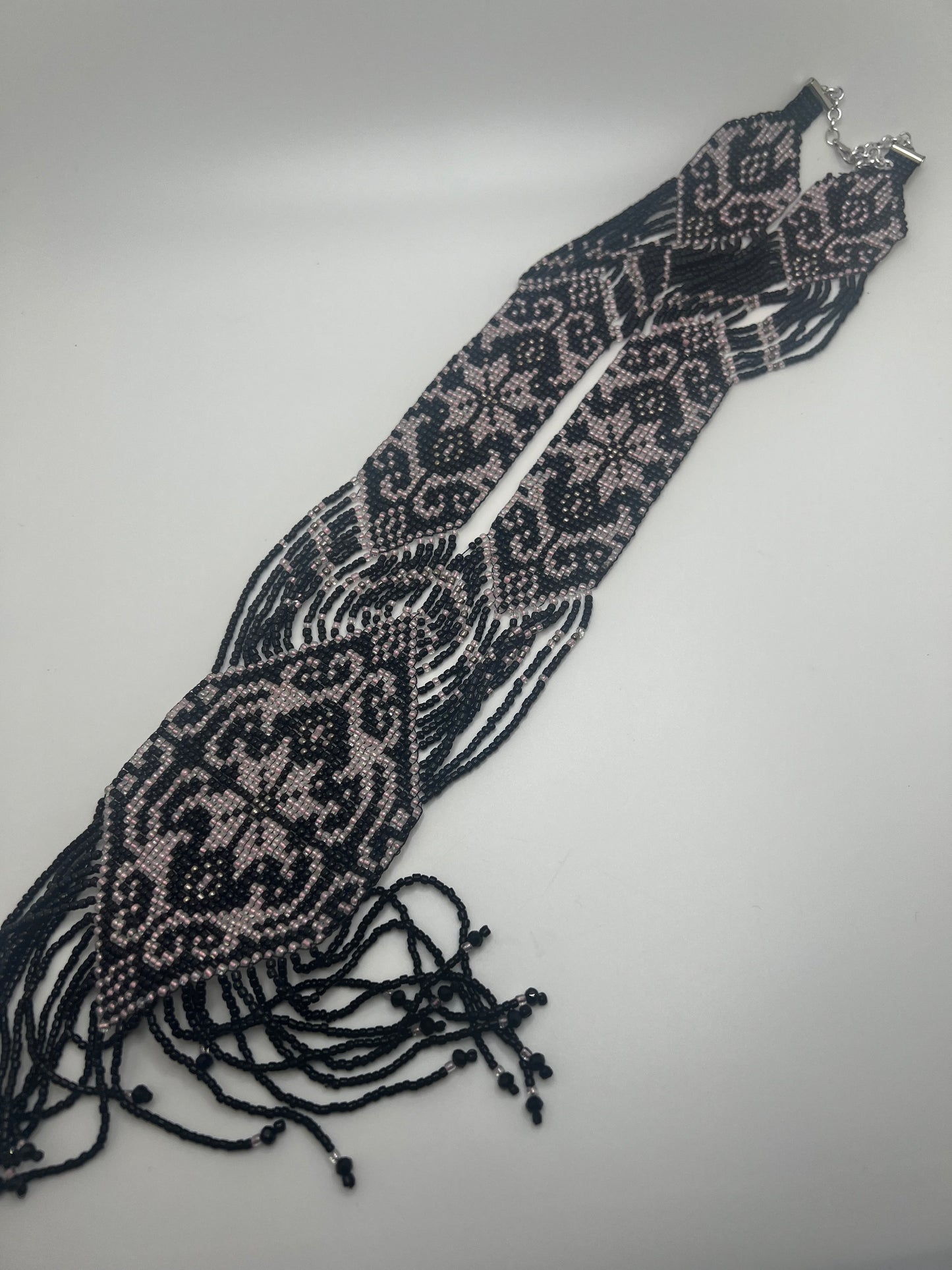 Handmade Purple & Black Geometric Loom Beaded Necklace – Bold Artisan Jewelry