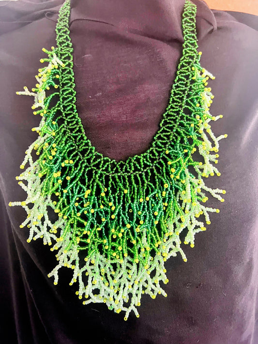 Green Seaweed Necklace β Handmade Ocean-Inspired Beaded Statement Jewelry