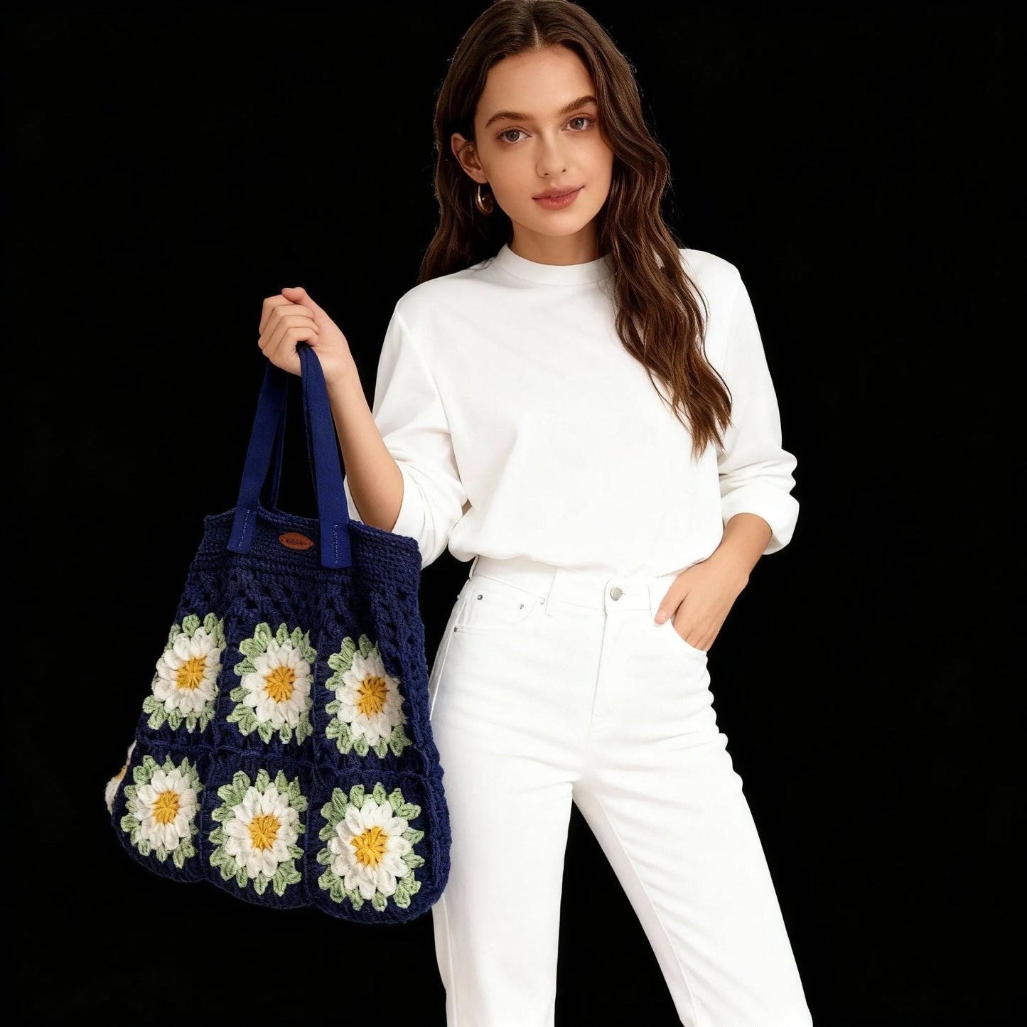 Handmade Crochet Daisy Flower With Blue - Big Shoulder Bag – Spacious & Stylish