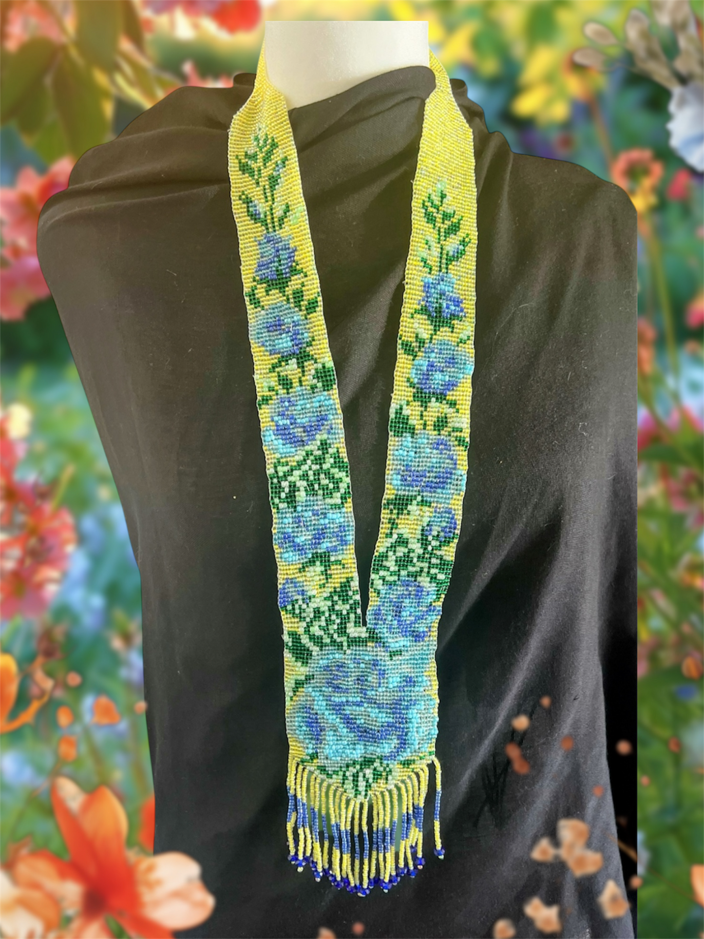 Blue Camellia Flower Necklace – Yellow Loom Beaded Statement Jewelry