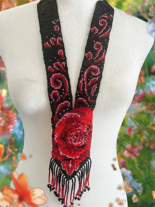 Red Flower Loom Beaded Necklace – Handmade Statement Jewelry