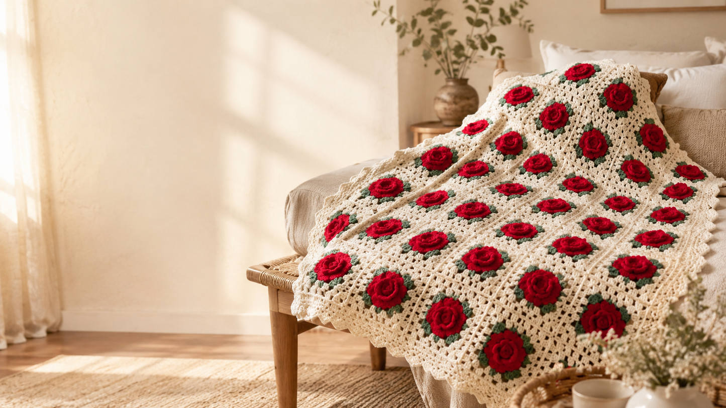 Elegant Handmade Wool 3D Red Flower Blanket - Handmade Cozy Warm