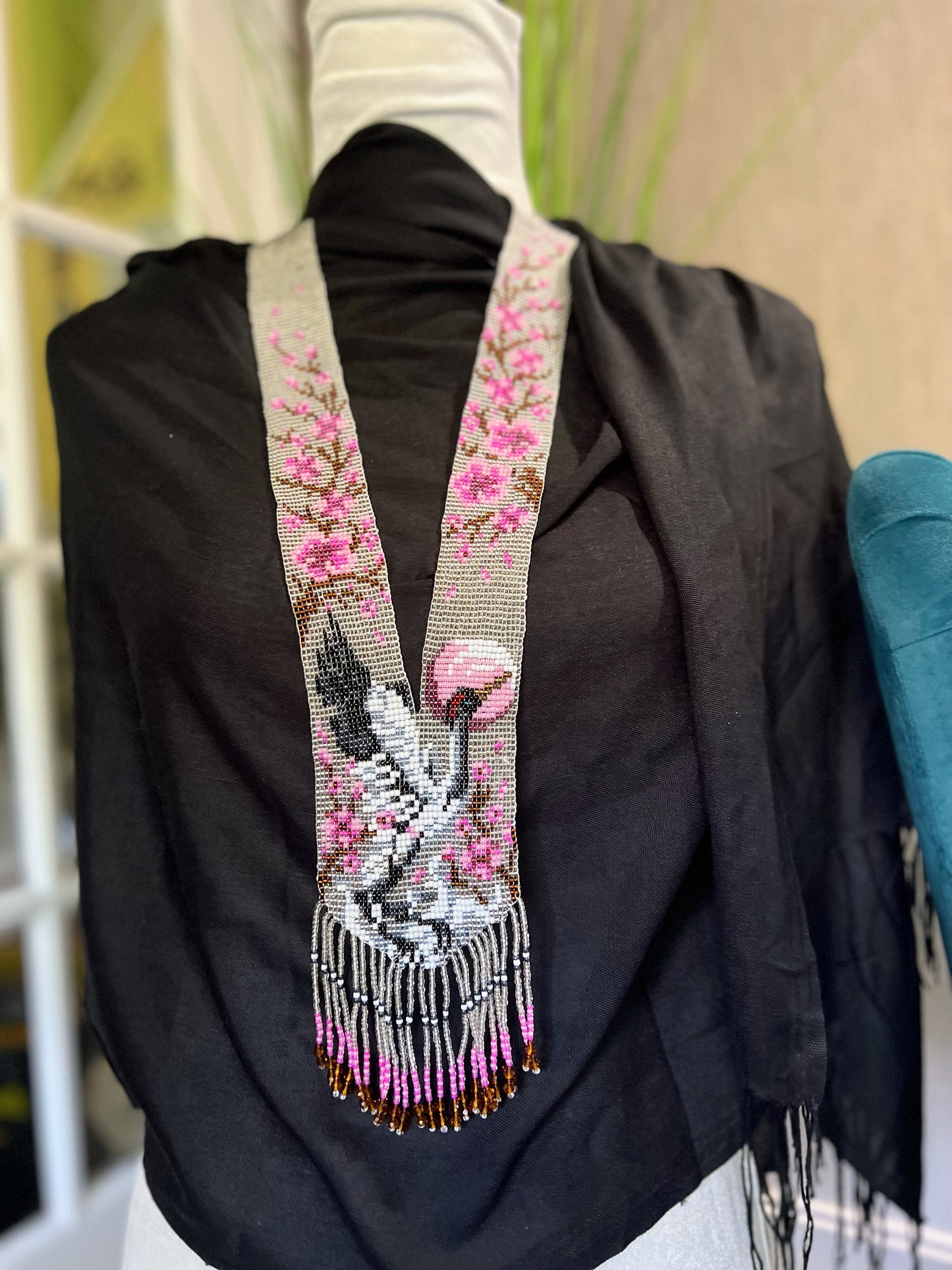 Handmade Loom Beaded Necklace – Colorful Gray Heron Bird with Cherry Blossom Tree Statement Jewelry