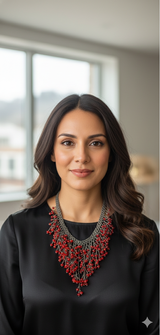 Handmade Red Seaweed Design Dangling Beaded Necklace – Boho Statement Jewelry