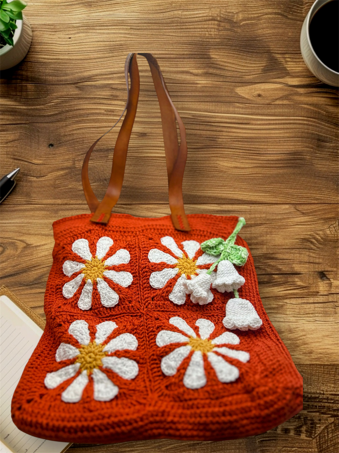 Handmade Crochet Daisy Flower Big Shoulder Orange Bag – Spacious & Stylish