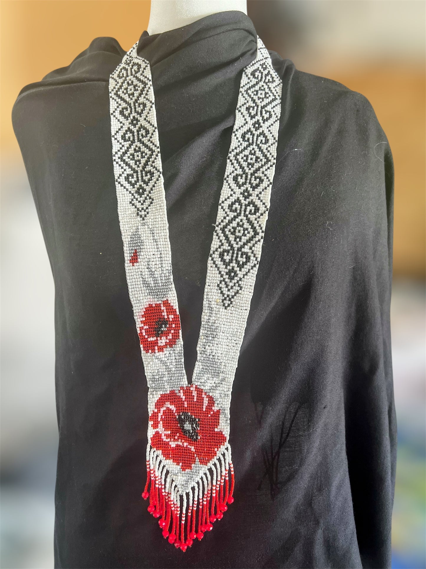 Red with Silver Floral Loom‑Beaded Necklace – Handwoven Glass Seed‑Bead Statement Piece