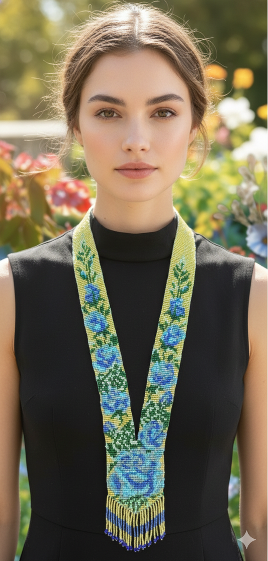 Blue Camellia Flower Necklace – Yellow Loom Beaded Statement Jewelry