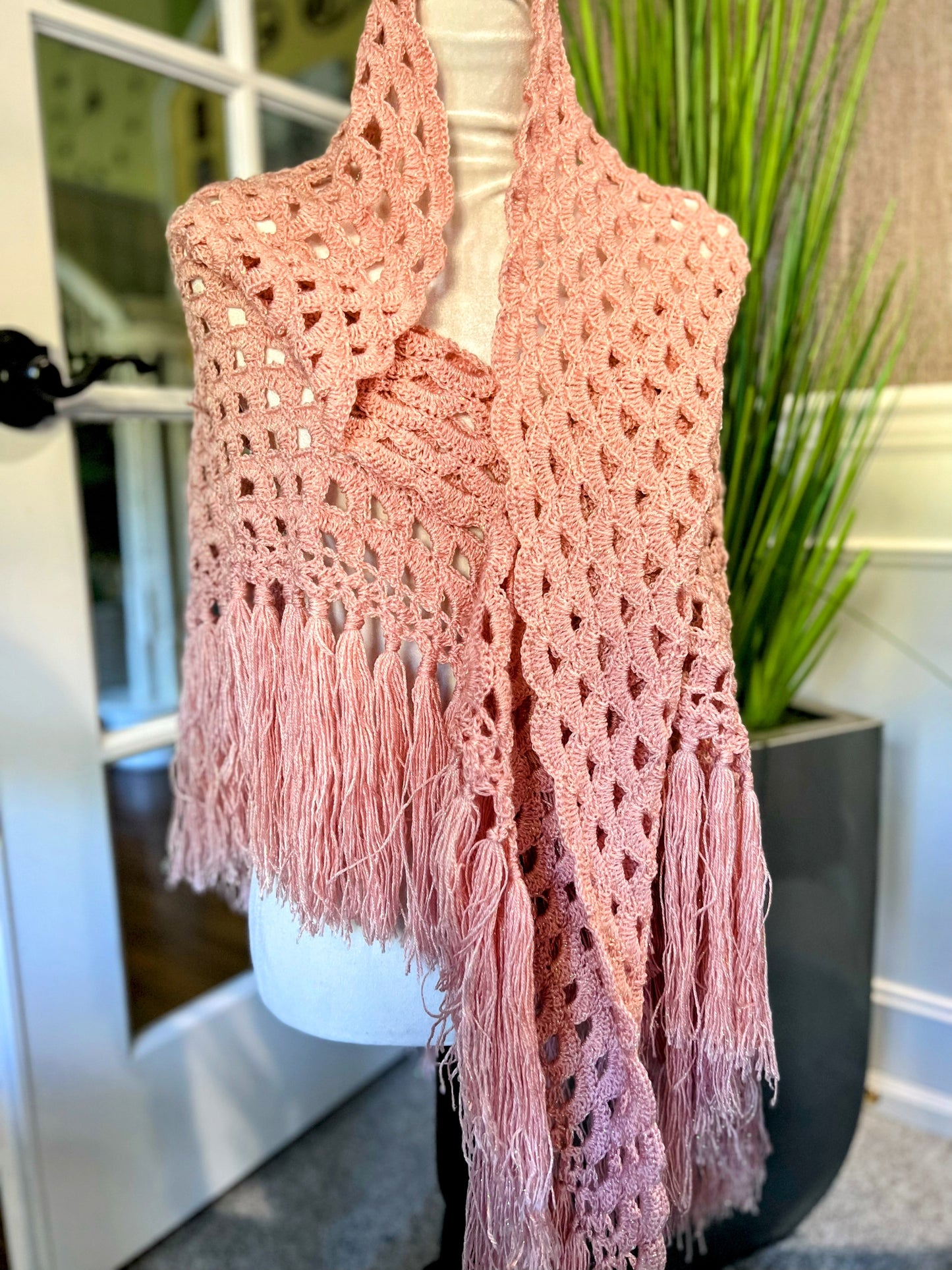 Wool Rose Triangle Shawl – Hand‑Crocheted Boho Wrap with Rose Motif & Fringe