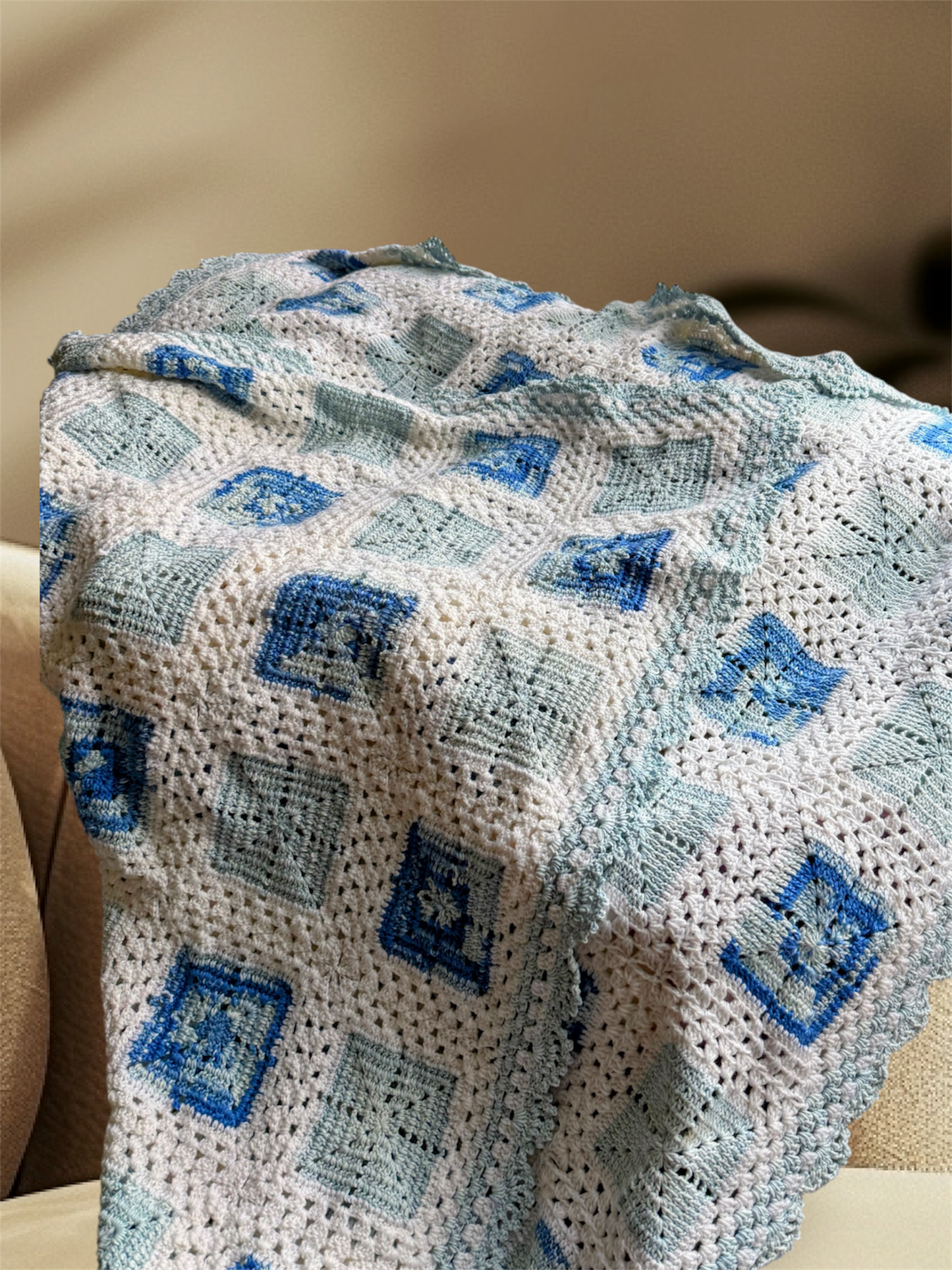 Soft Blue & White Blanket – Handmade Cozy Comfort