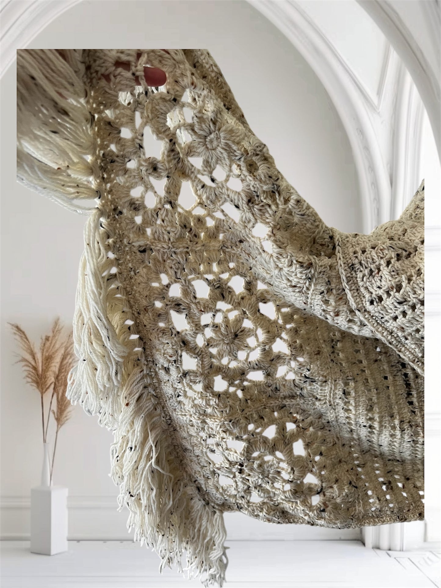 Striped Wool Crochet Rectangle Shawl – Handmade Cozy Winter Wrap