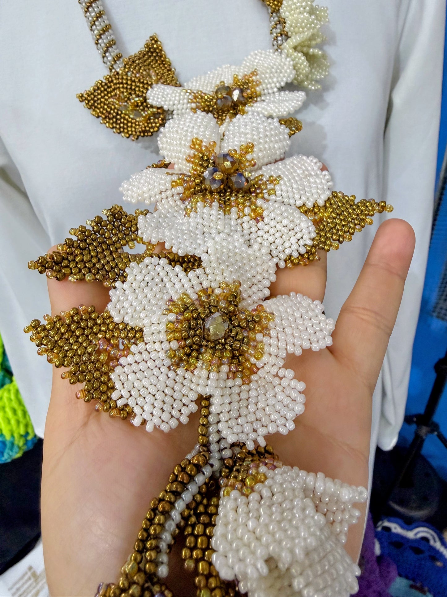 Handmade Beaded Floral Statement Necklace – Ivory & Antique Gold