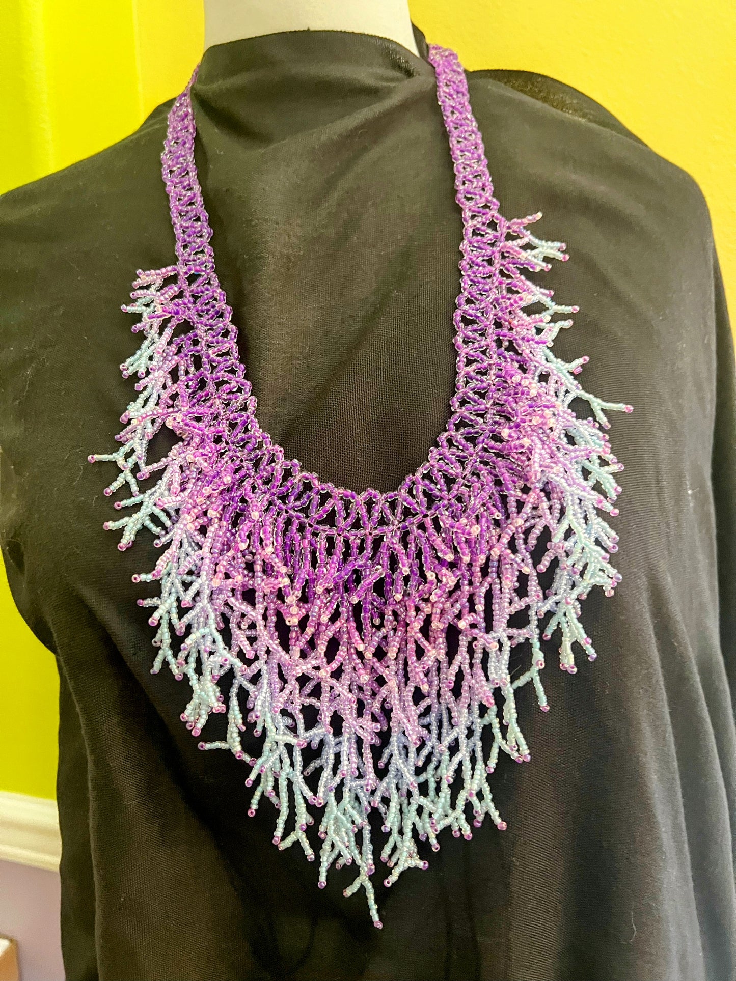 Silver & Purple Handmade Seaweed Design Dangling beaded necklace-Boho necklace-Beach jewelry-Statement necklace-Ocean-inspired necklace
