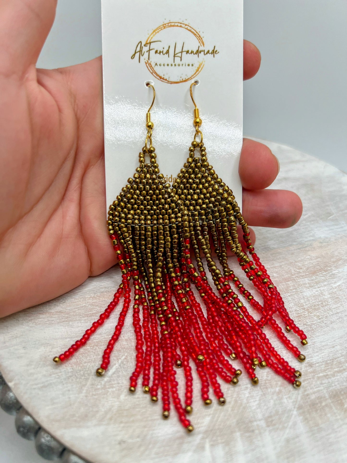 Red & Gold Beaded Fringe Earrings – Handcrafted Statement Jewelry