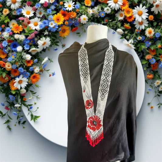 Red with Silver Floral Loom‑Beaded Necklace – Handwoven Glass Seed‑Bead Statement Piece