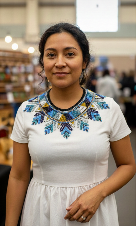 Handmade Blue Beaded Geometric Round Choker Necklace – Stylish Artisan Jewelry