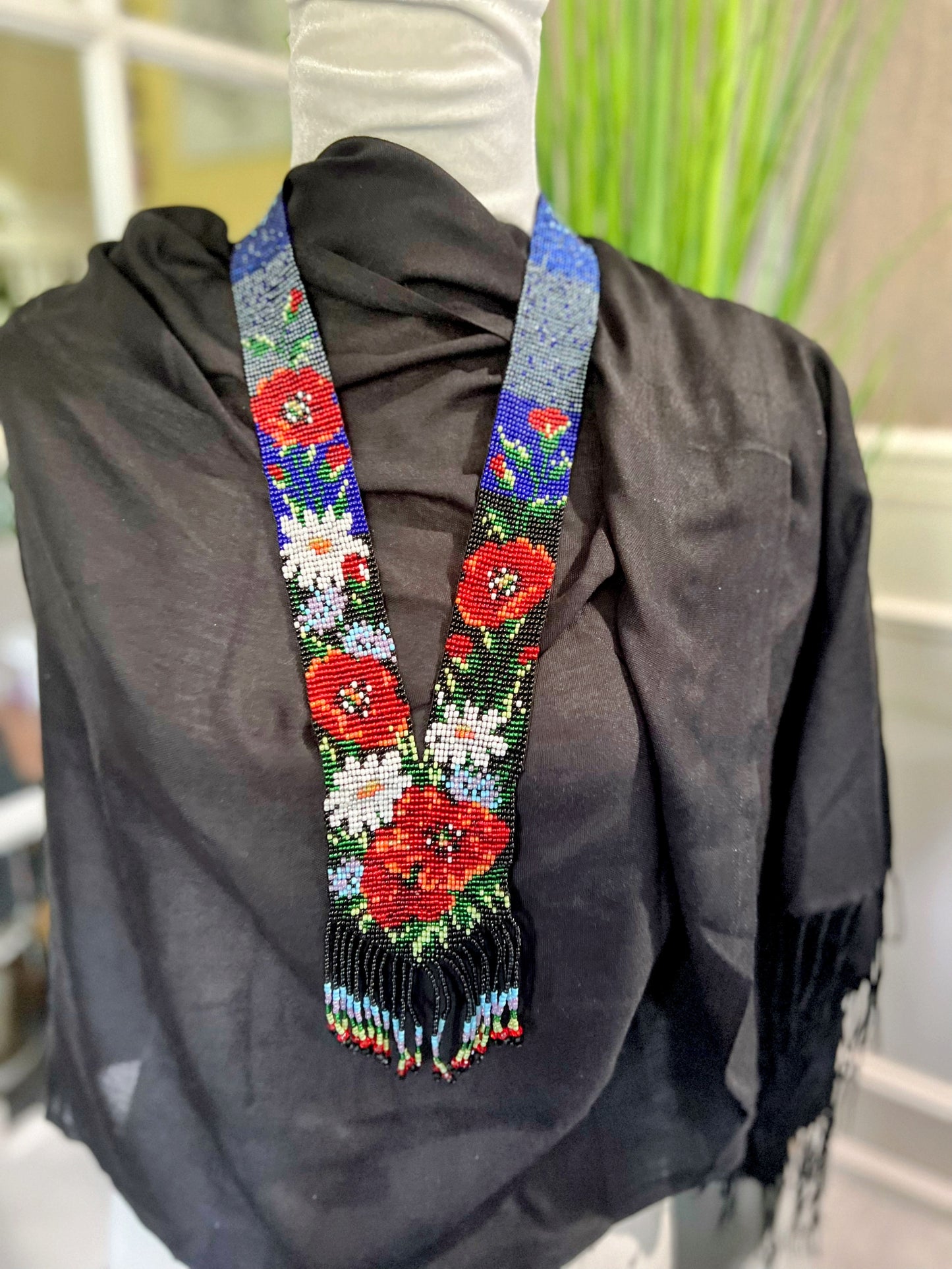 Red Flowers Loom‑Beaded Necklace – Handcrafted Floral Statement on Black & White Base