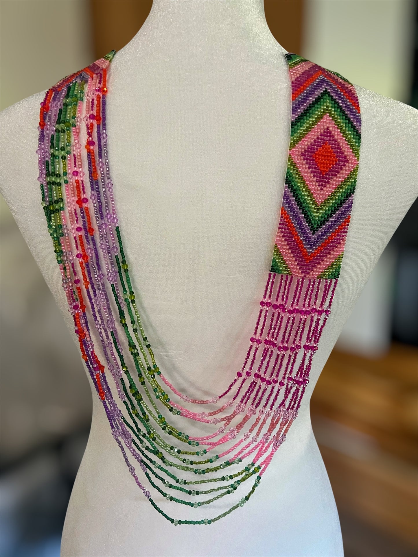 Handmade Colorful Purple, pink & Orange Geometric Loom Beaded Necklaces – Bold Artisan Jewelry
