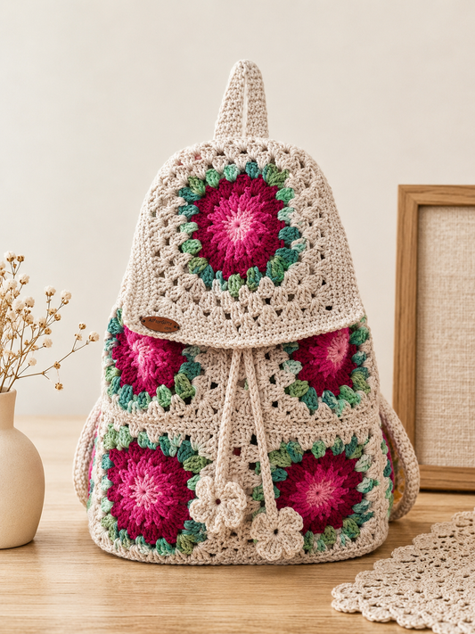 Handmade Crochet Floral Backpack | Boho Granny Square Backpack | Cottagecore Handmade Bag