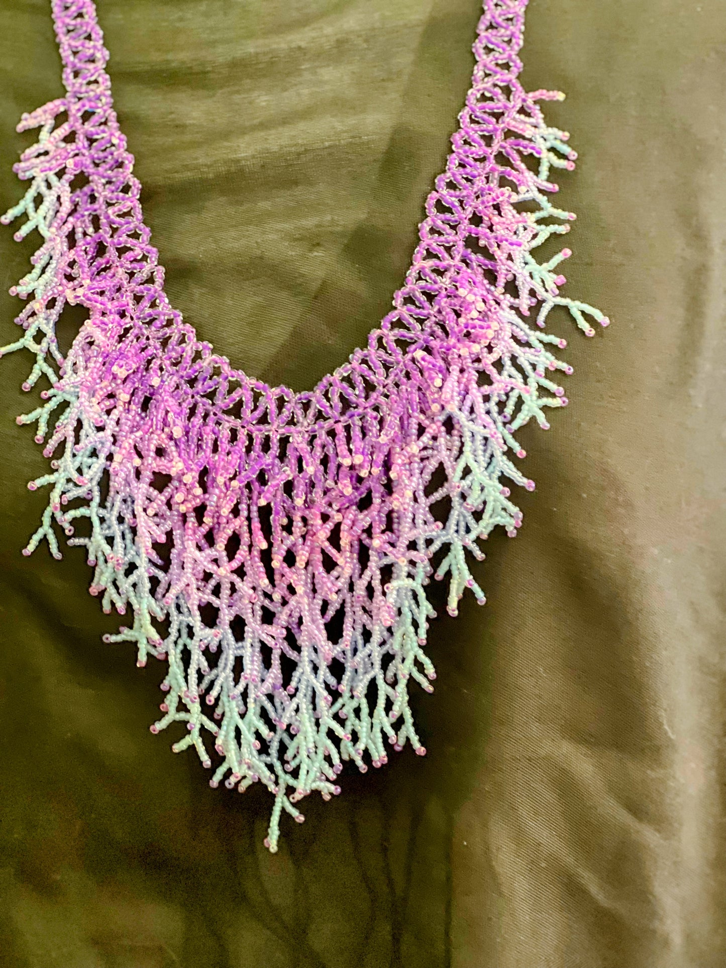 Silver & Purple Handmade Seaweed Design Dangling beaded necklace-Boho necklace-Beach jewelry-Statement necklace-Ocean-inspired necklace