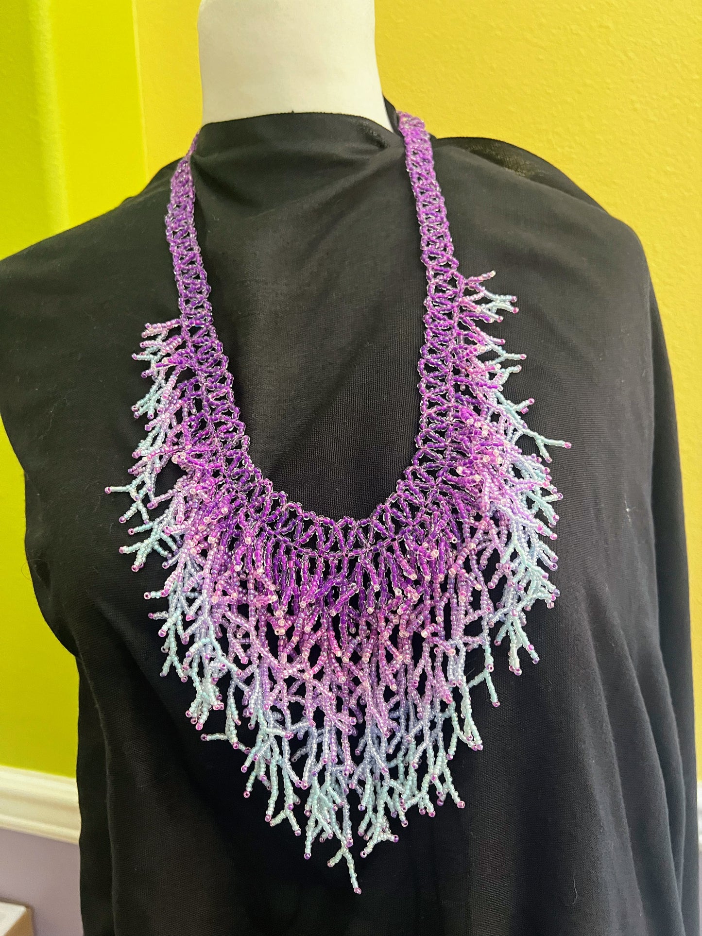 Silver & Purple Handmade Seaweed Design Dangling beaded necklace-Boho necklace-Beach jewelry-Statement necklace-Ocean-inspired necklace