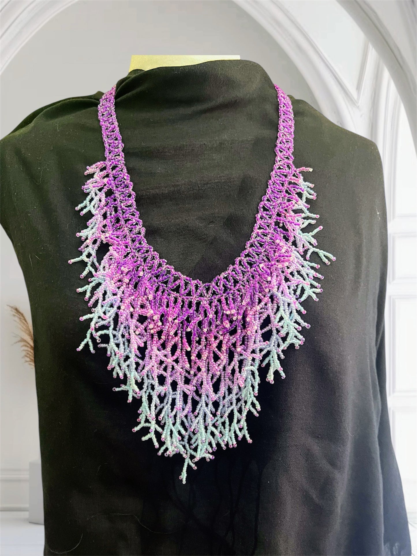 Silver & Purple Handmade Seaweed Design Dangling beaded necklace-Boho necklace-Beach jewelry-Statement necklace-Ocean-inspired necklace