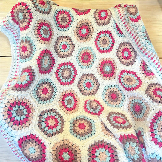 Soft Pink & Blue & Brown Flowers Blanket – Handmade Cozy Comfort