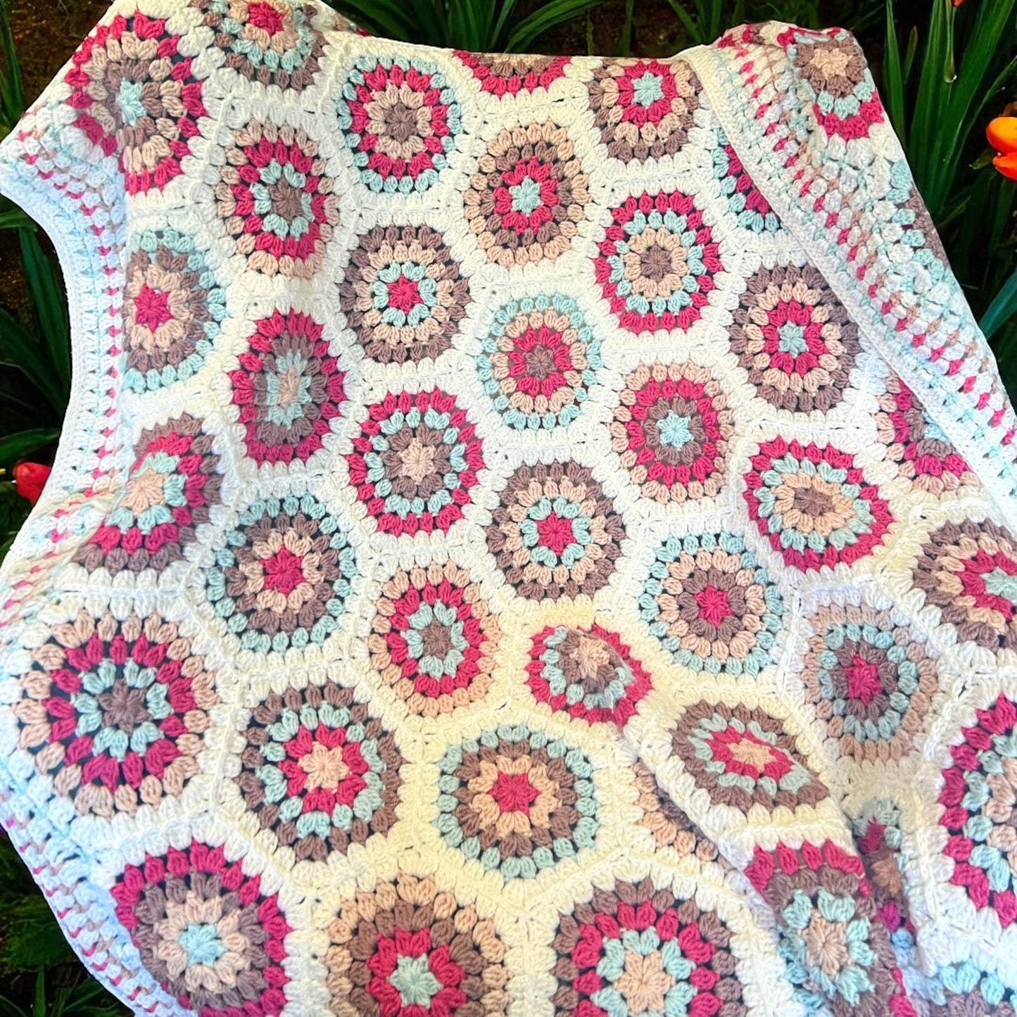 Soft Pink & Blue & Brown Flowers Blanket – Handmade Cozy Comfort