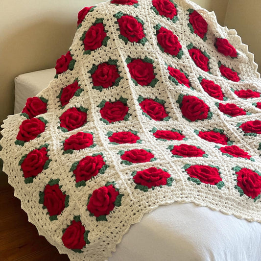 Elegant Handmade Wool 3D Red Flower Blanket - Handmade Cozy Warm