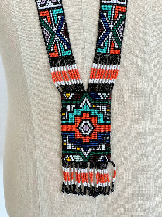 Handmade Colorful Teal & Orange Geometric Loom Beaded Necklaces – Bold Artisan Jewelry