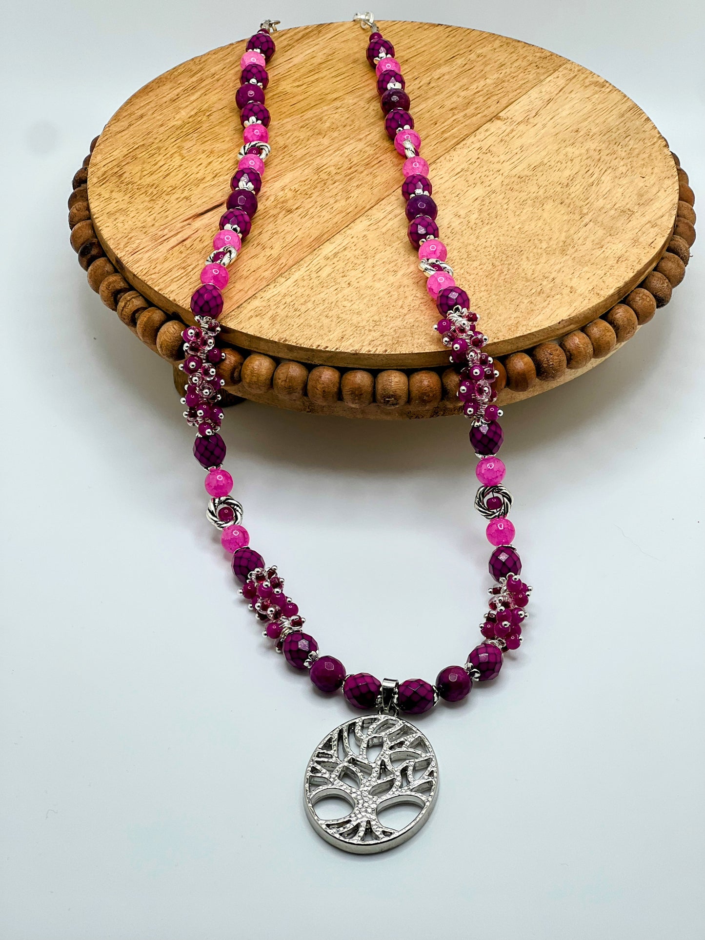 Natural Hot Violet Agate, Seashell & alabaster Stone Necklace With Silver Tree Of Life Pendant