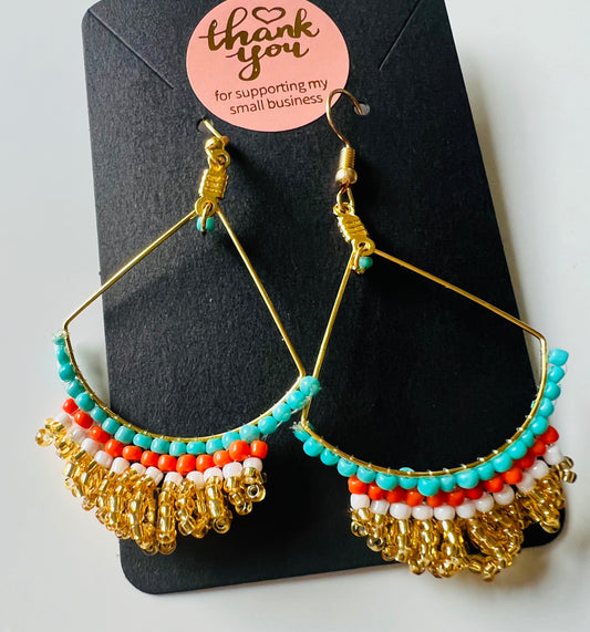 Fresca Blue & Gold Beaded Earrings – Handcrafted Seed-Bead Fringe Drops